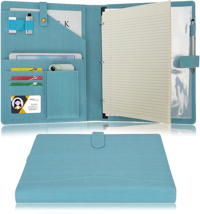 WONDERPOOL A4 PU Leather Portfolio Holder Ring File Document Case with Removable Binder Clipboard, Multi Pocket and Legal Pad for Business Organizer Interview and Meeting (Light Blue) - Image 1